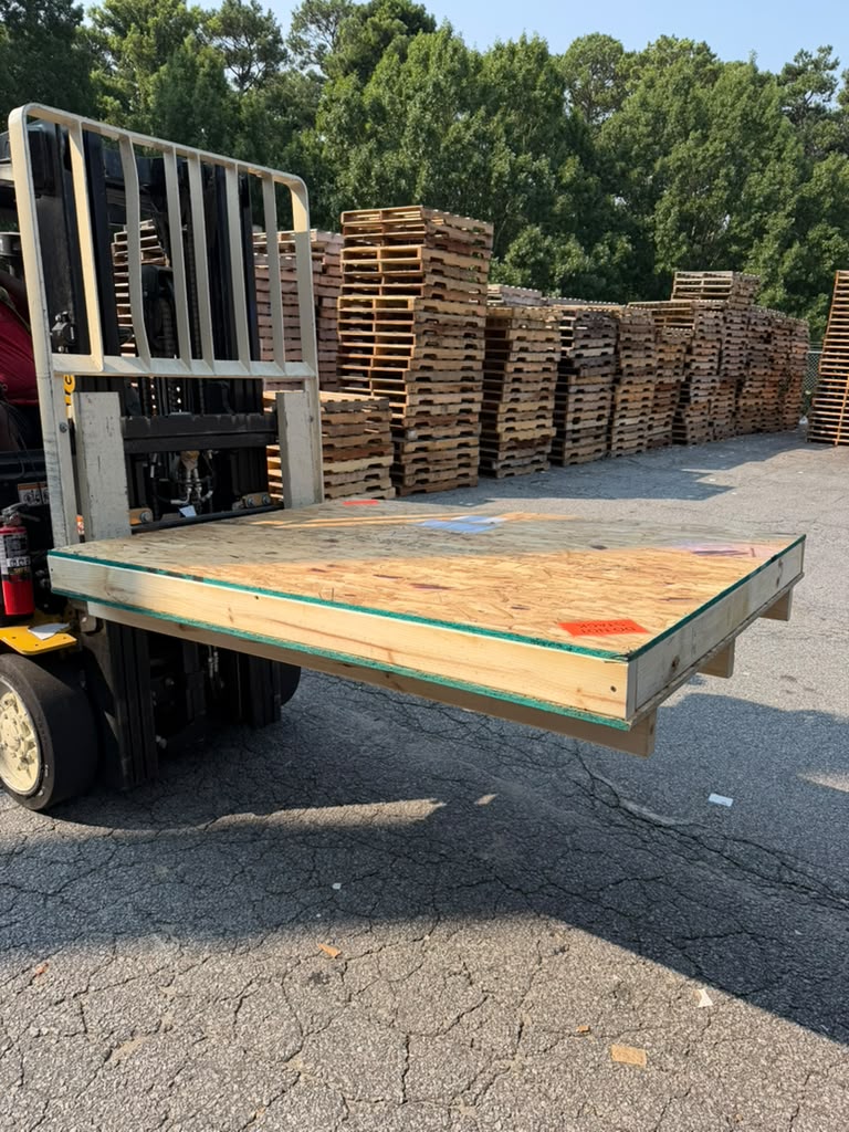 Flat panel crate on forklift forks