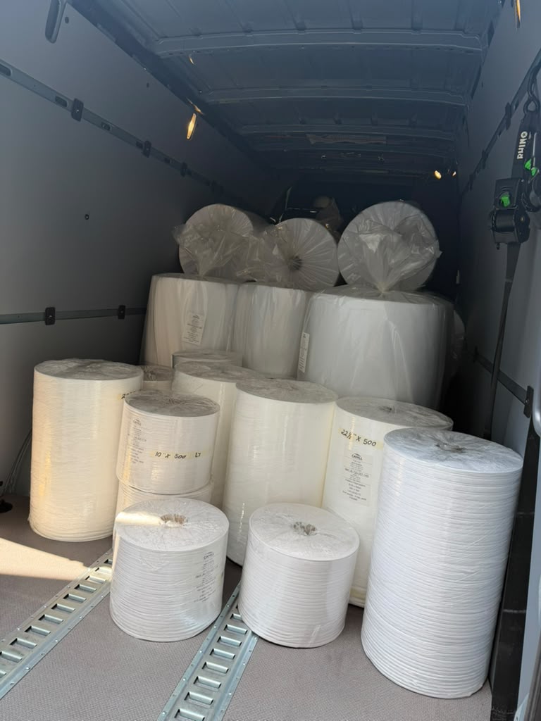 Rolls of material loaded in the van